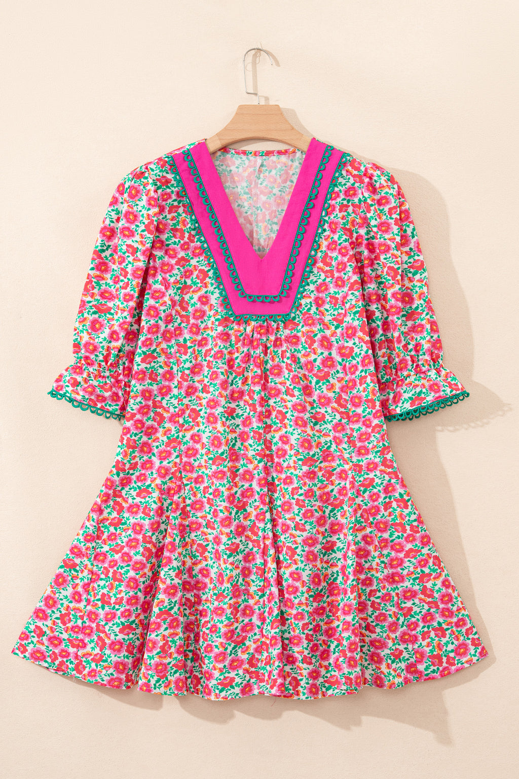 Pink Floral Print V Neck Patchwork Short Bubble Sleeve Mini Dress e638072e3a656c88