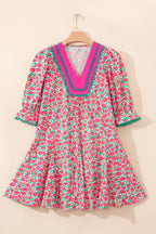 Pink Floral Print V Neck Patchwork Short Bubble Sleeve Mini Dress e638072e3a656c88