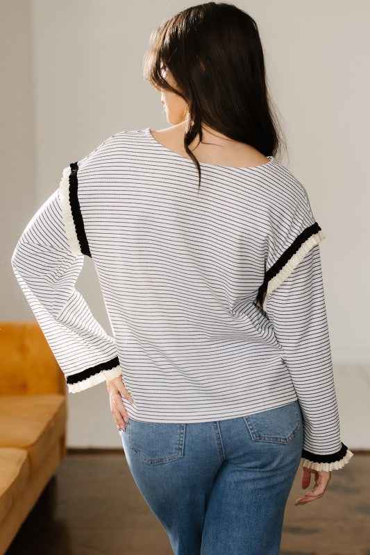 Stripe Contrast Ruffle Trim Long Sleeve Top e63840f2-ae16-434b-b361-6bae1ca91737