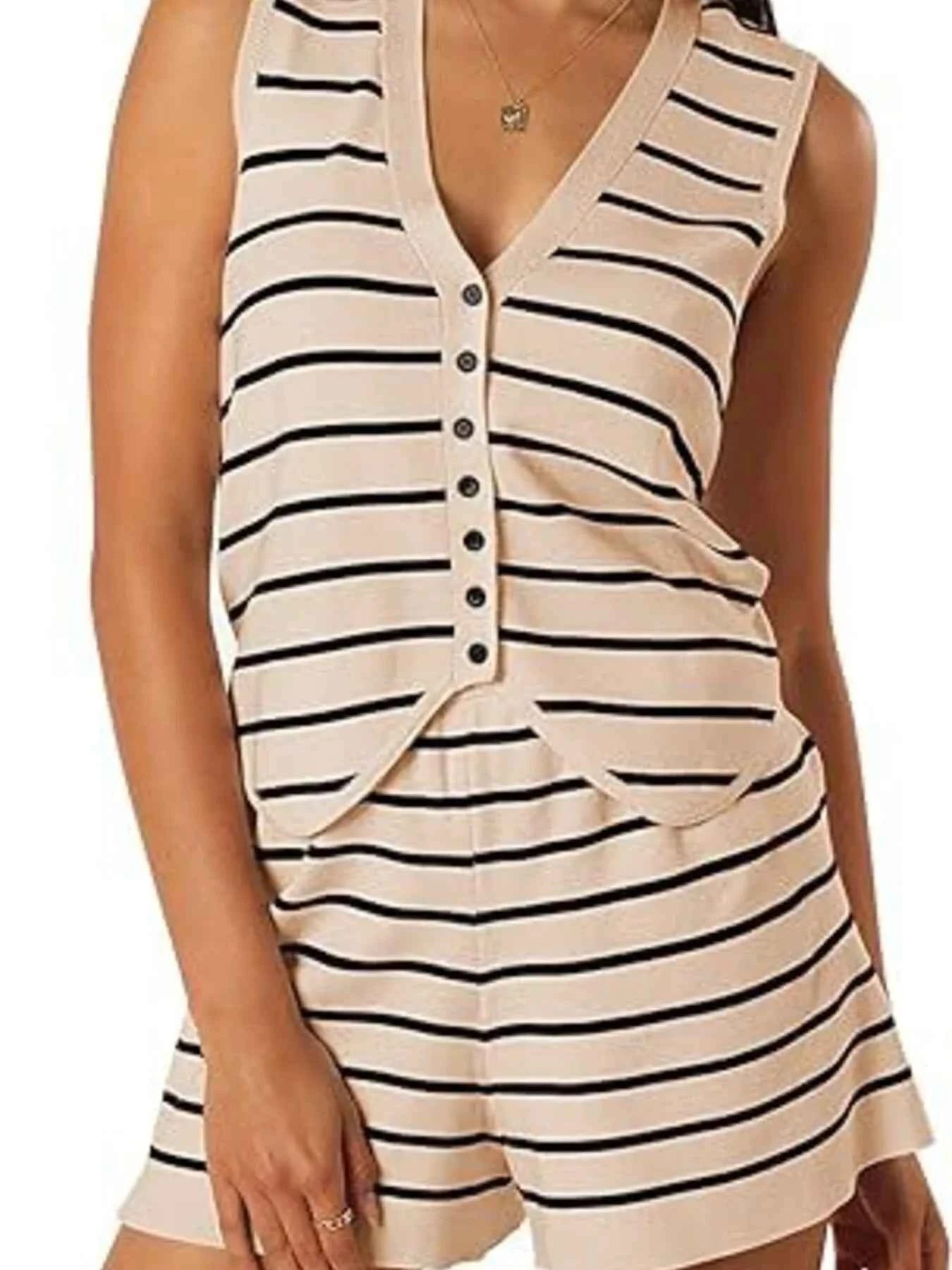 Striped Button-Front Vest and Shorts Set Beige e6389e2c6e3a4af98d00f65d08ae75d1-Max-Origin