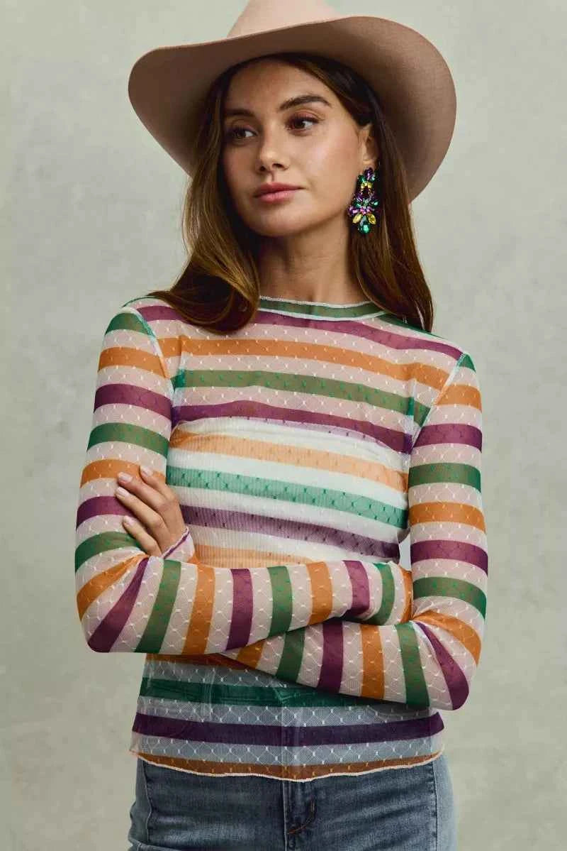 SO ME Mardi Gras Color Stripe Stretch Mesh Top e63aa64312f34750afbbb9c45398a76e-Max-Origin