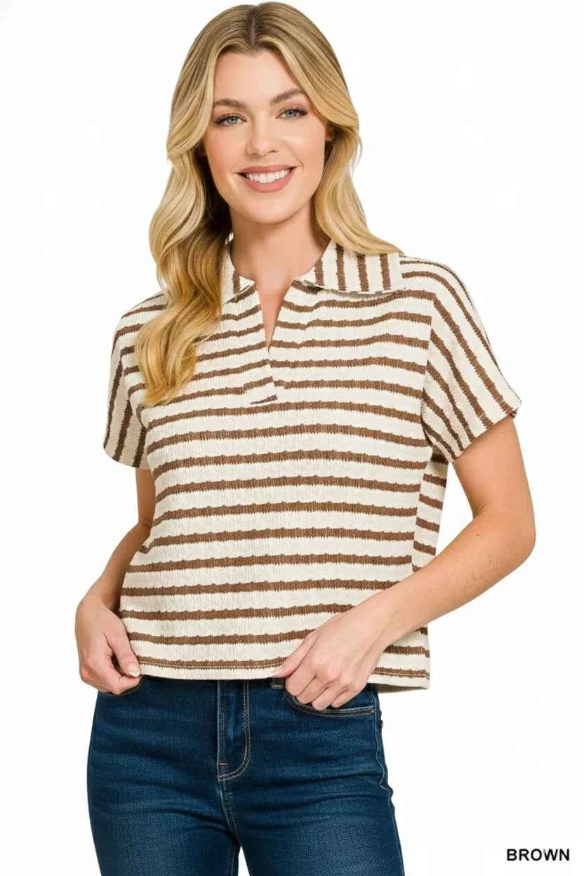 Zenana Striped Split Neck Collared Top e63f3532-4959-476c-891d-d168c942b0d0-Max-Origin