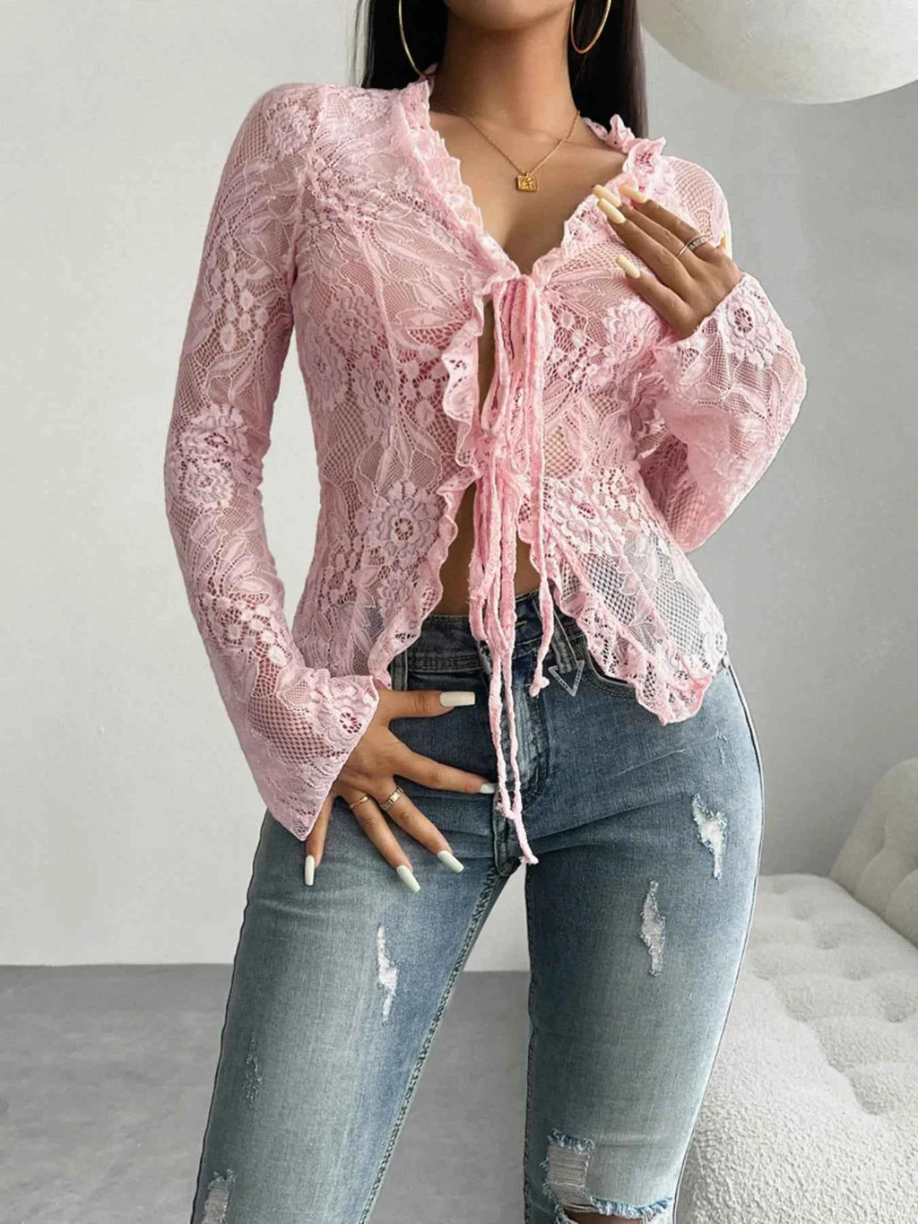 Tie Front Long Sleeve Lace Top e647eec4a41c4a8a965792077f801098-Max-Origin