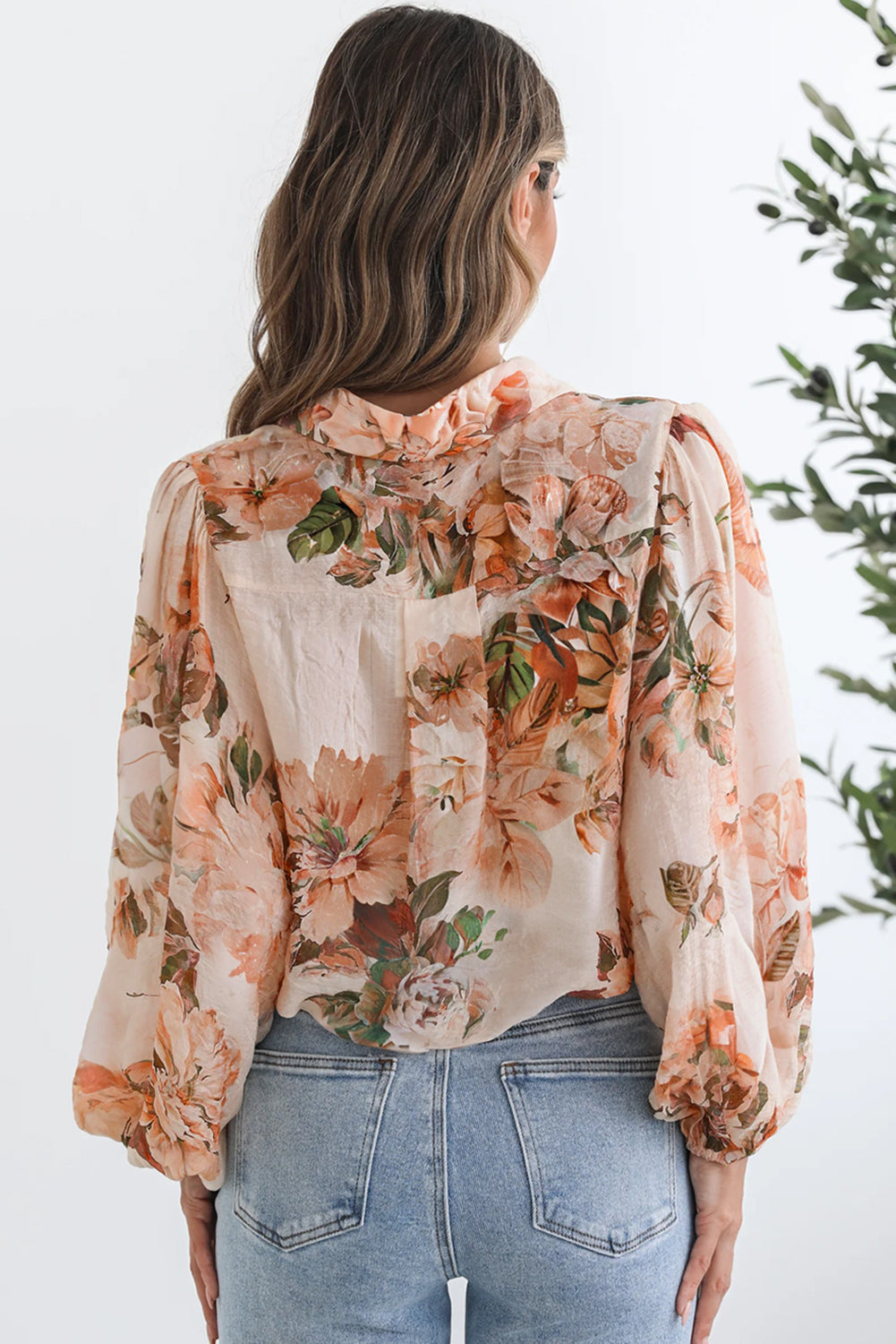 Brown Floral Puff Sleeve Lightweight Shirt