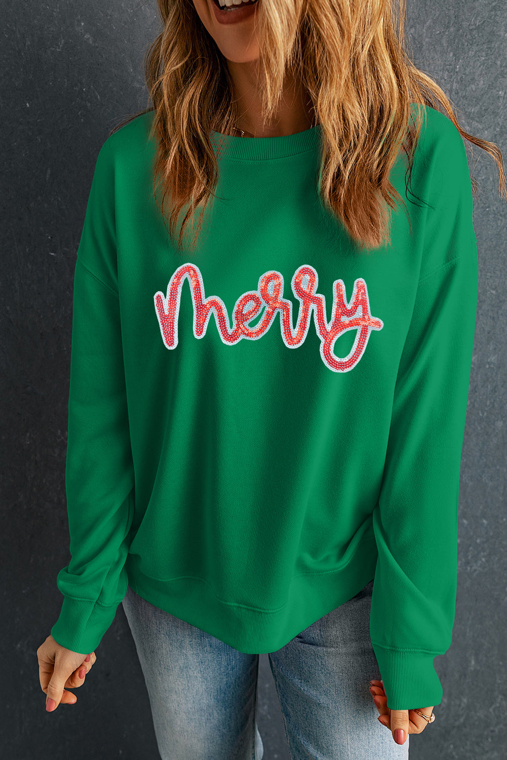Dark Green Sequin merry Letter Patch Application Drop Shoulder Baggy Sweatshirt e649fa6f118158f7