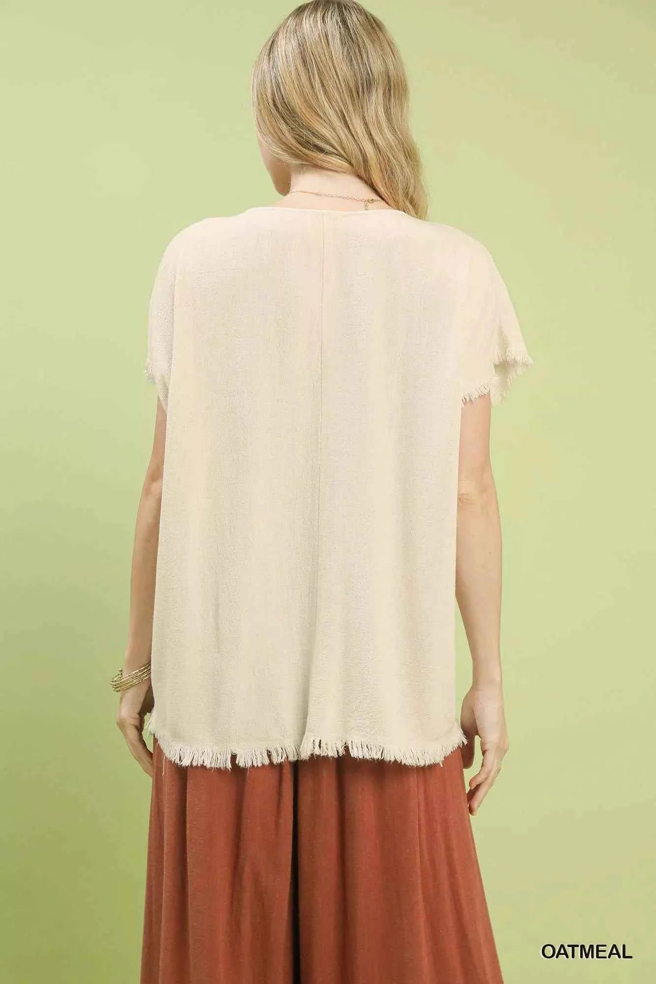 Linen Blend Embroidered Frayed Hem Top e64d90a7-e29d-46aa-9ece-ab64239a3e3e-Max-Origin