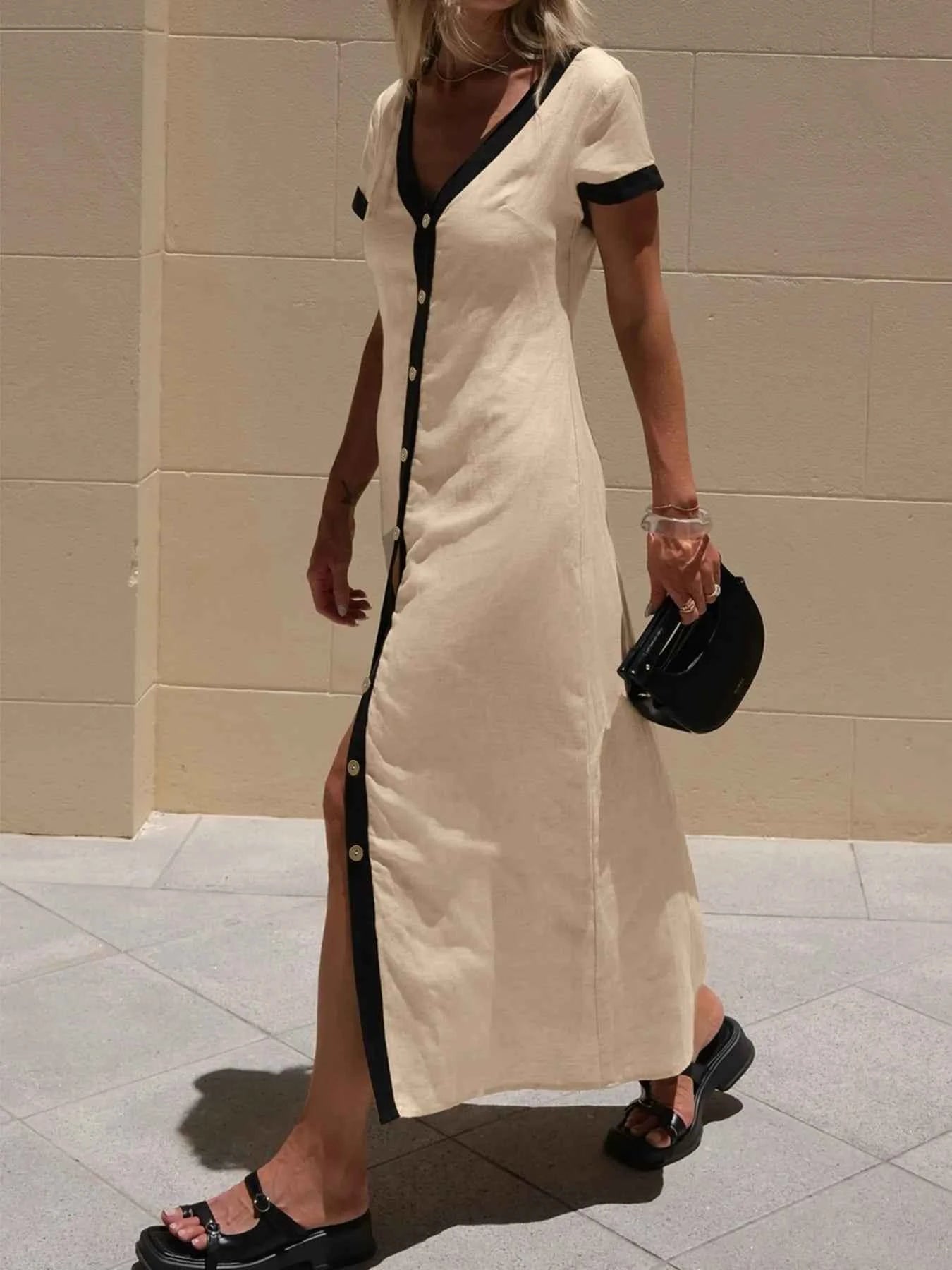 Button-Front Contrast Trim Midi Dress e64edc2d21f14f80a79f97f5159b665b-Max-Origin