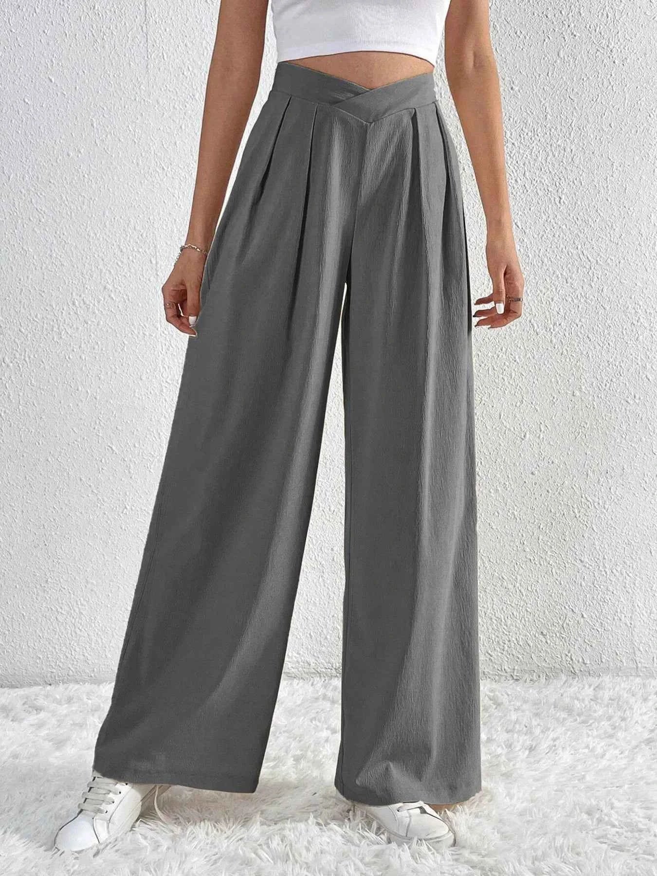 V-Waisted Ruched Front Wide Leg Pants