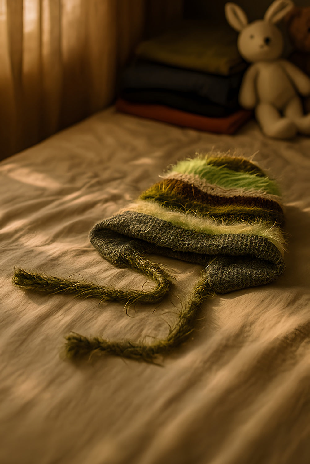 Spinach Green Plush Striped Knit Ear Warm Beanie Hat e65477dcea339718
