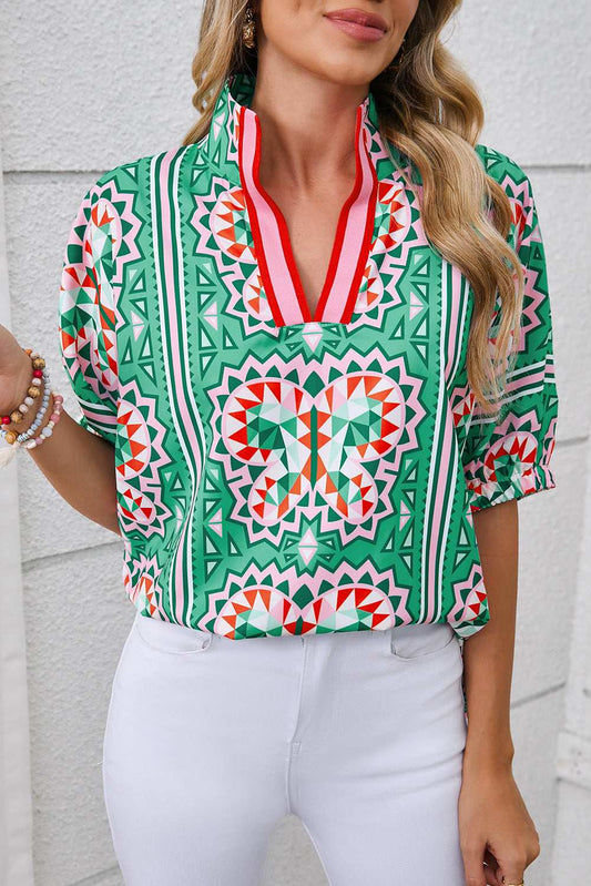 Sea Green Boho Geometric Print Pop of Color Neckline Blouse Sea Green e654e4d1afed739d-_1