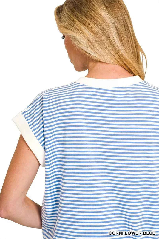 Striped Round Neck Short Sleeve Contrast Trim T-Shirt e65b32afcdd34a759fc4086ed9d8175f-Max-Origin