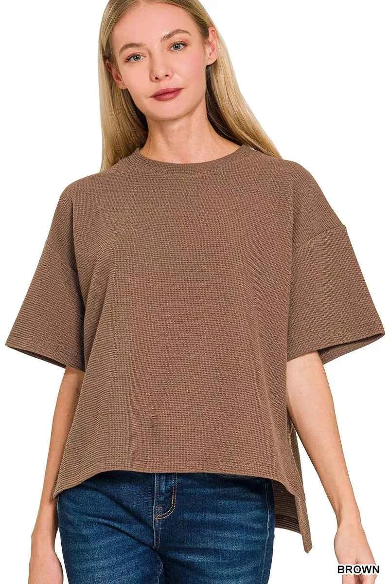 Zenana Full Size Double Knit Side Slits Hi Low Short Sleeve Top Plus Size BROWN e65c25be1379436692f13c49b36f6186-Max-Origin