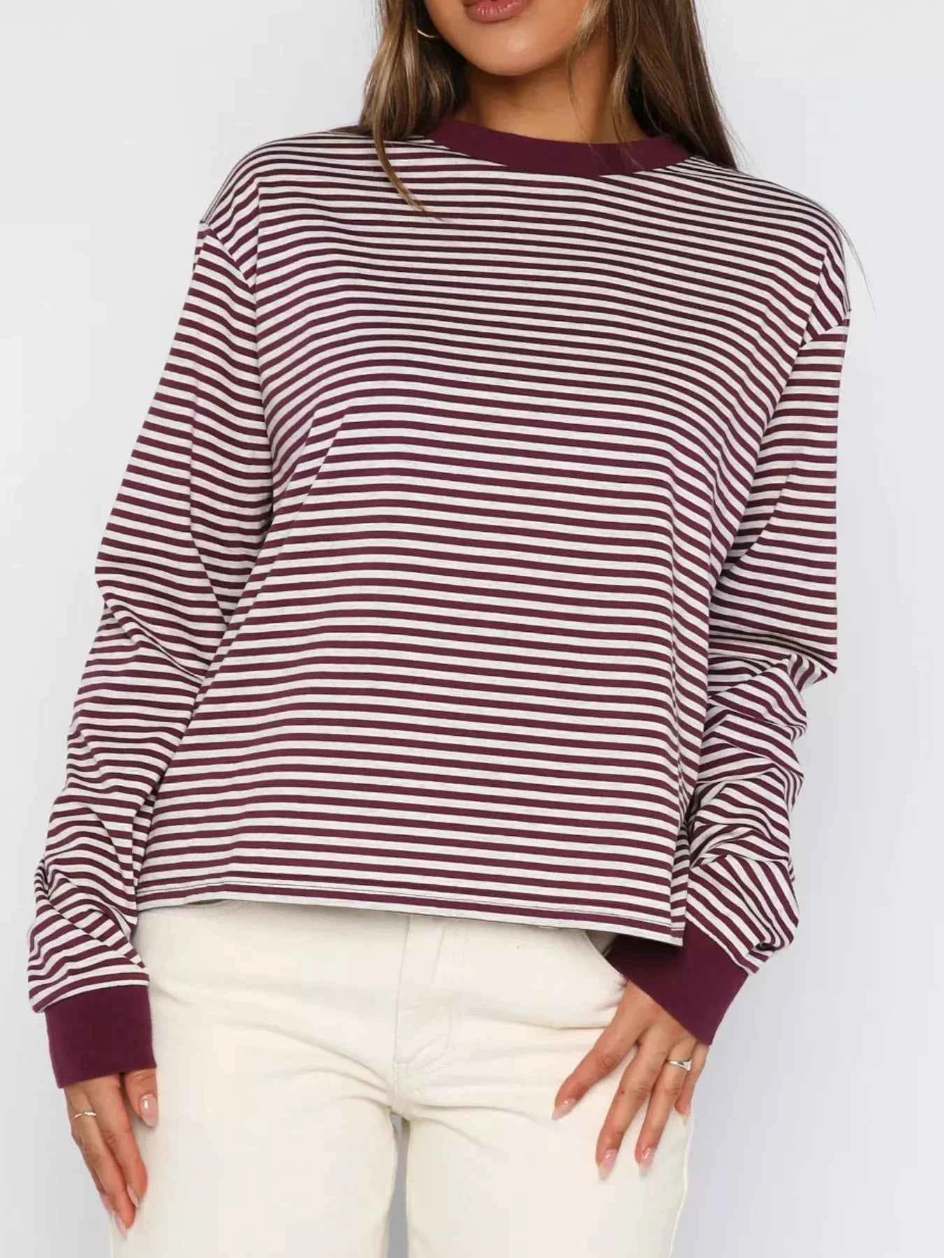 Striped Oversized Round Neck Sweatshirt Burgundy e65c55b5-aeba-4fa0-b220-17e3546eac61-Max-Origin