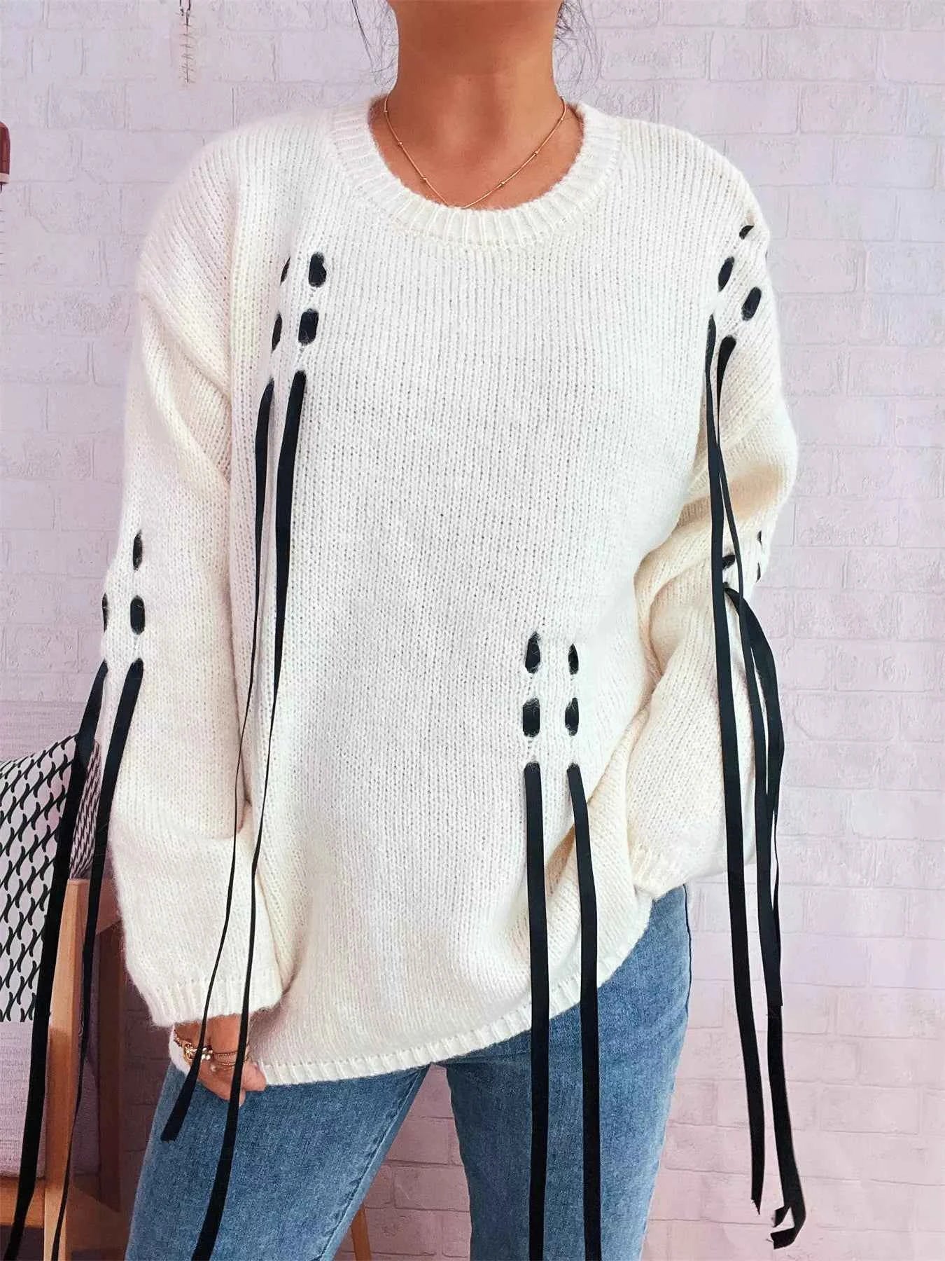 Round Neck Long Sleeve Sweater with Ribbon Details e65fe8690cd14cfdadaa3f4c96f55c13-Max-Origin