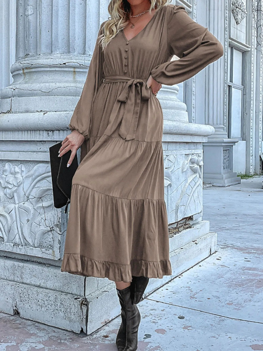 Ruffled Hem V-Neck Balloon Sleeve Dress e6602669-4b9d-4d68-bd51-7d91d125cb40-Max-Origin