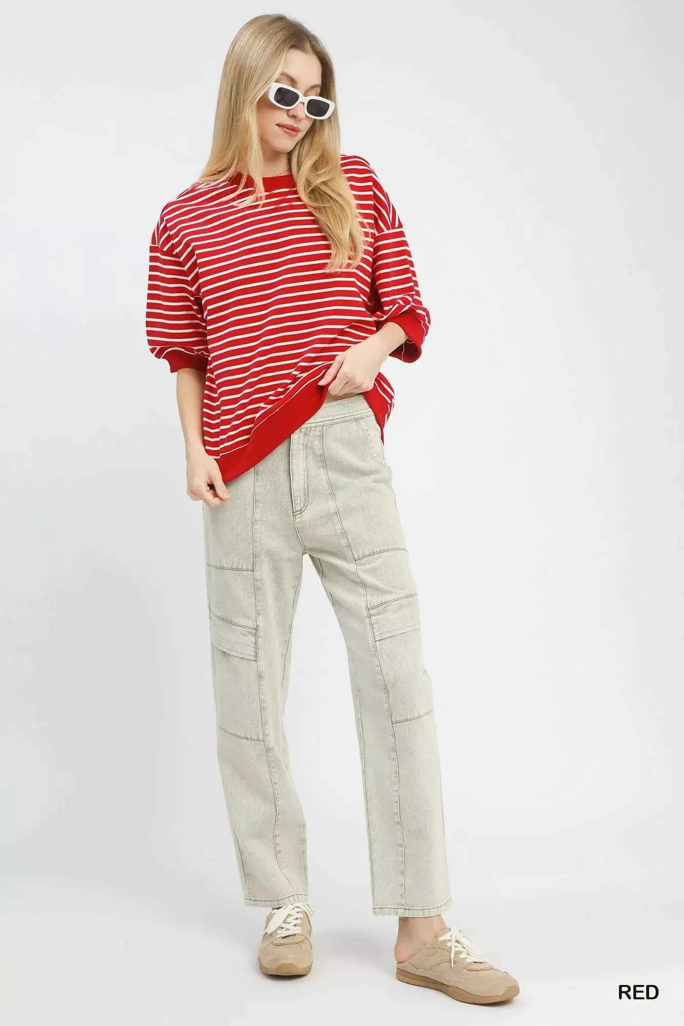 Umgee Striped Short Sleeve Pullover Top RED e664d76c-52f6-48ef-9e9c-fe091c5cfc12-Max-Origin