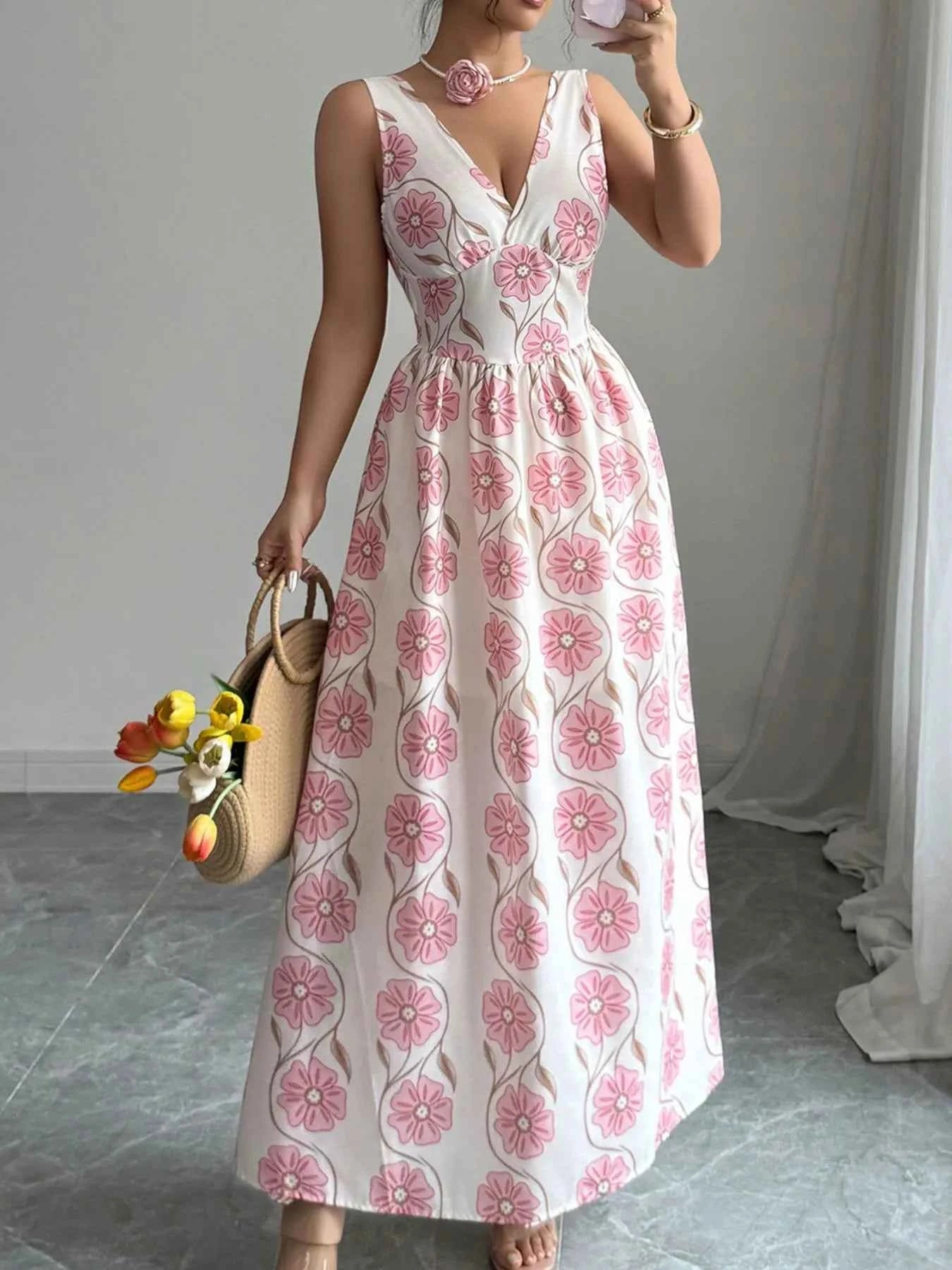 Floral Print Tie Back Maxi Dress Blush Pink e667df13-5efa-4b2c-a5a0-954f730d1af1-Max-Origin