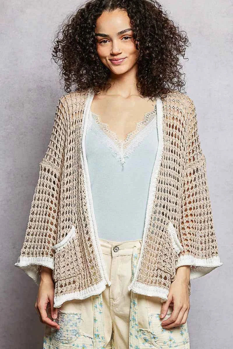 POL Open Front Openwork Cardigan with Contrast Trim e66982f9-7536-4168-9e12-37e78afa3fe0-Max-Origin