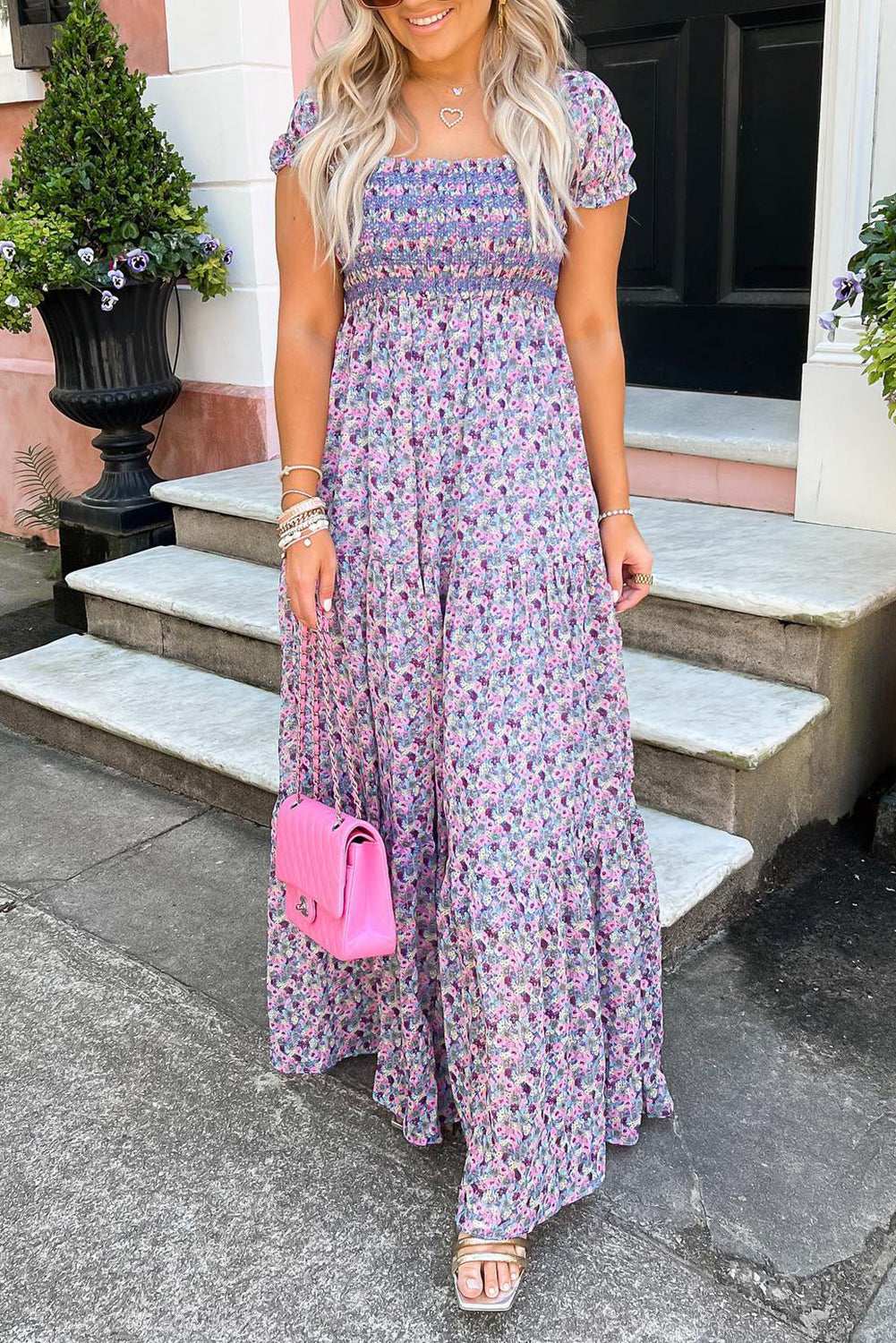 Purple Floral Short Bubble Sleeve Smocked High Waist Maxi Dress Purple e669aaa768409a58-_1