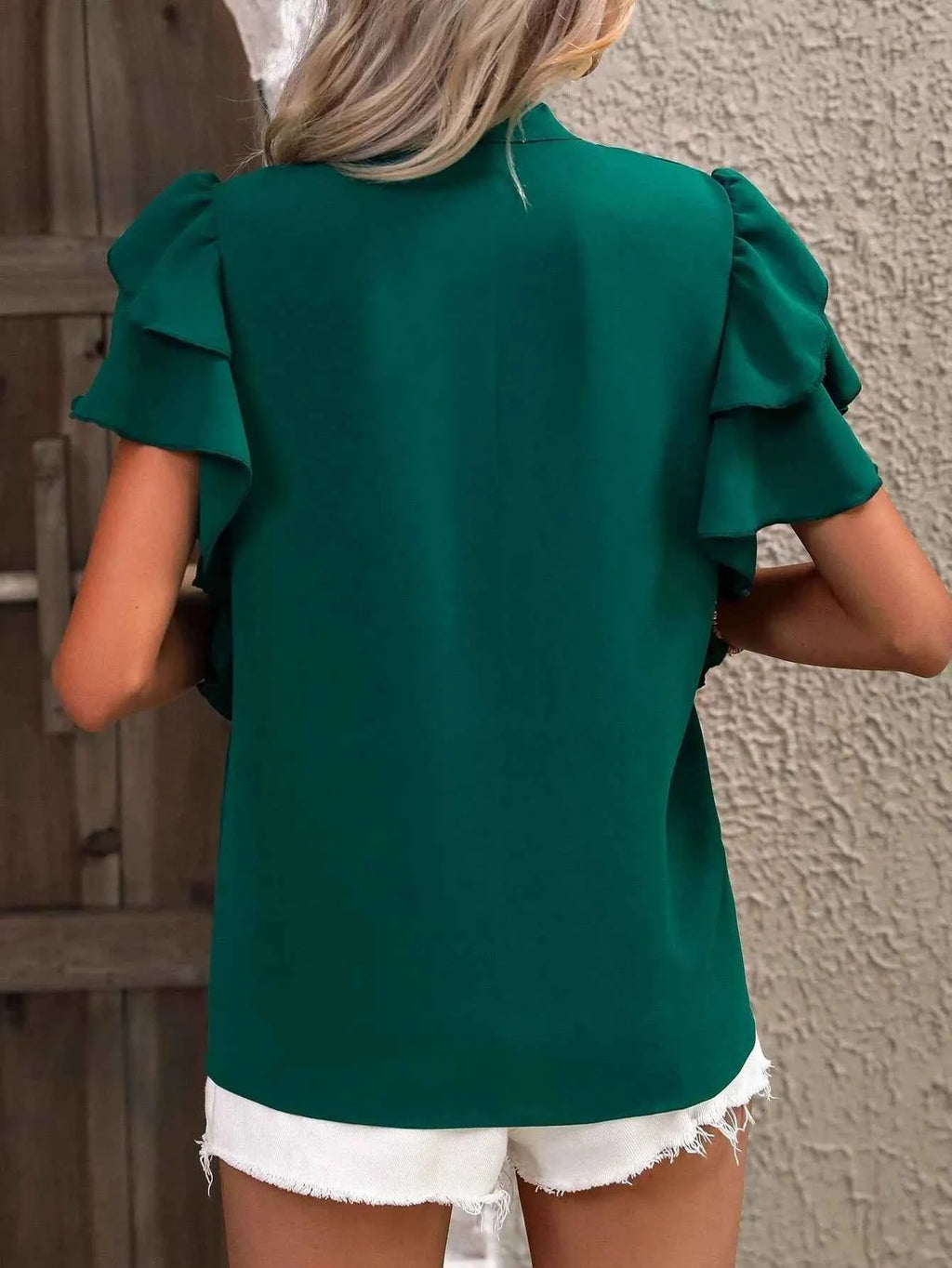 Ruffle Sleeve Notched Blouse e66b2cd4-97b4-4f6d-8d7f-a434df62afd2-Max-Origin