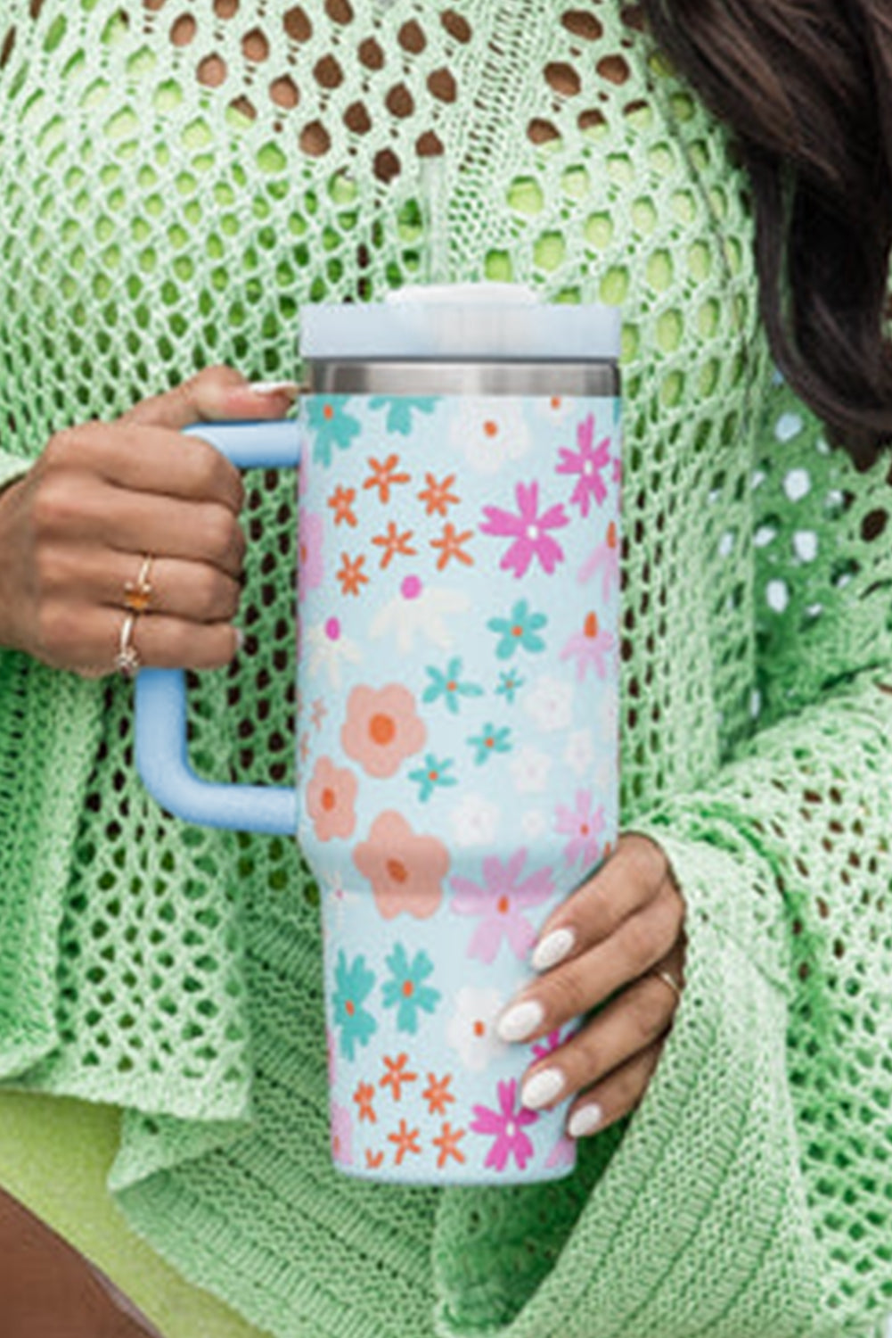 Beau Blue Cute Flower Print Handled Cup with Straw 40oz e66cc518fa5dc316
