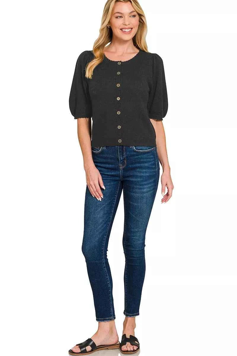 Zenana Puff Sleeve Wool Sweater Cardigan e67241d286c445b6a273a20051d4d4f7-Max-Origin