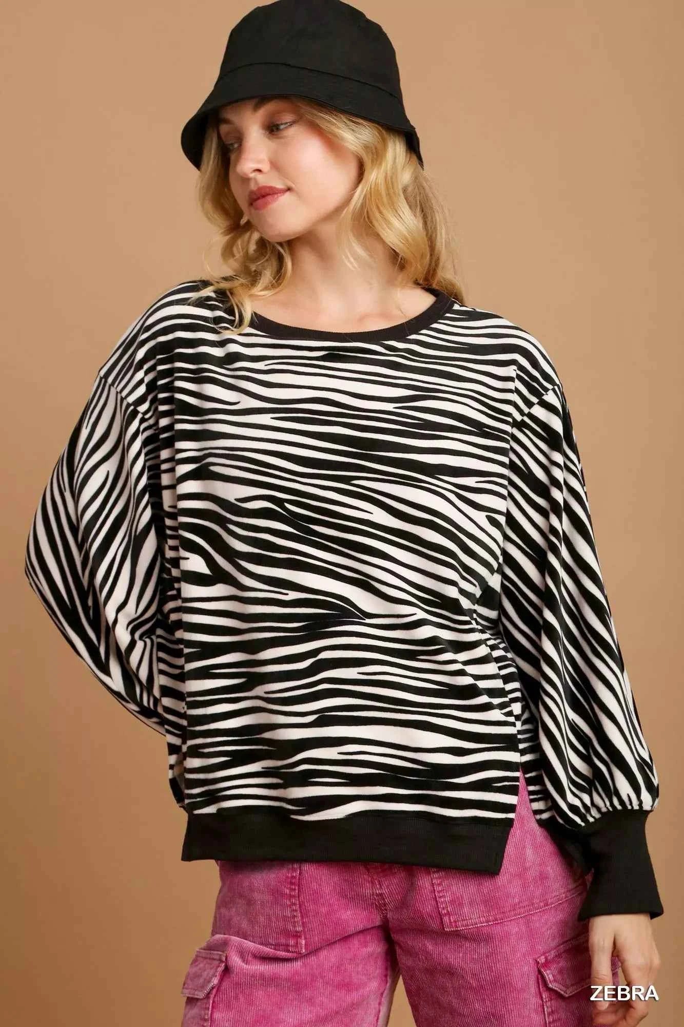 Umgee Zebra Striped Fleece Pullover Sweater Shirt ZEBRA e6756225-aca1-4679-8153-c9df3b3216f6-Max-Origin
