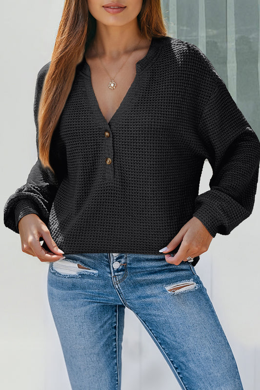 Black Button Notched Neck Waffle Knit Long Sleeve Top e67aba26c00d89a4