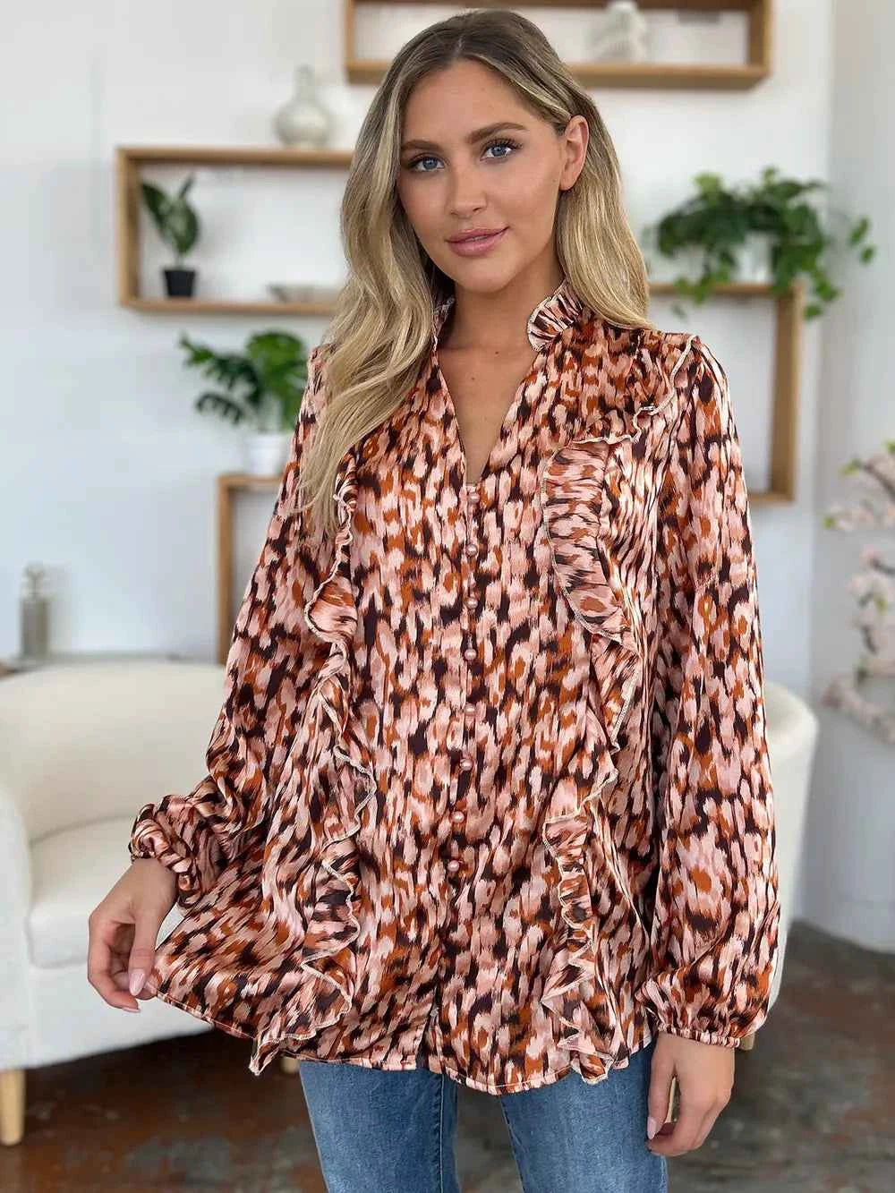 Double Take Full Size Printed Ruffle Trim Balloon Sleeve Shirt e67d63c2-7247-4680-93a9-4ad0121a7529-Max