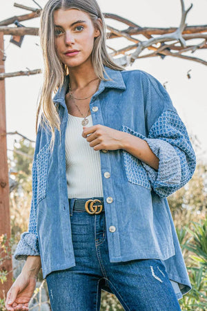 Button Down Corduroy Contrast Texture Long Sleeve Shacket Blue e67da1a3-6965-4767-ba69-30da31511aa0-Max