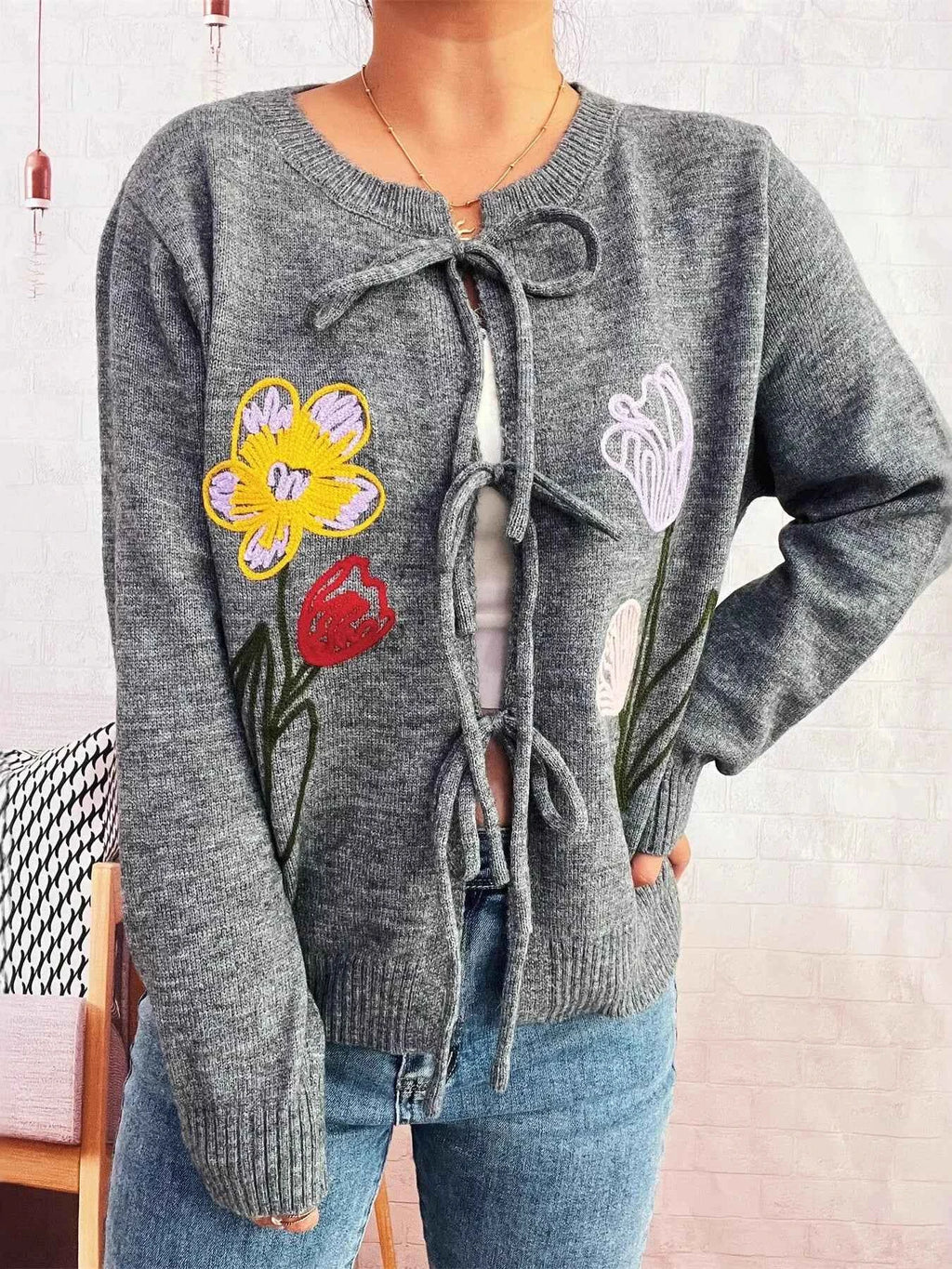 Floral Ribbed Hem Tie Front Cardigan Gray One Size e6837ac24da94695b2b649ad77461a51-Max-Origin