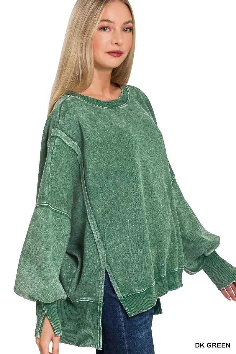 Zenana Acid Washed Batwing Sleeve Fleece Sweatshirt DK GREEN e68896ca687c4ab89bf59ac357233f69-Max-Origin
