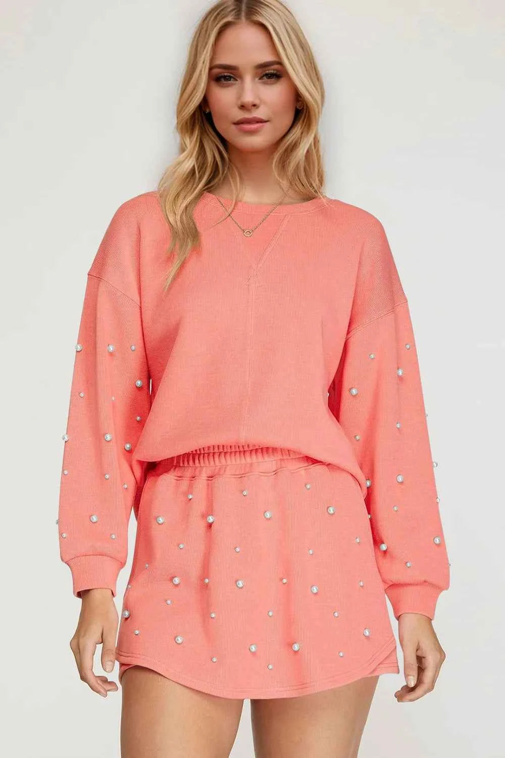 Oh Pearl Trim Round Neck Long Sleeve Top and Skirt Set Burnt Coral e68ace60-3157-418d-92d4-392bb58e00cc-Max