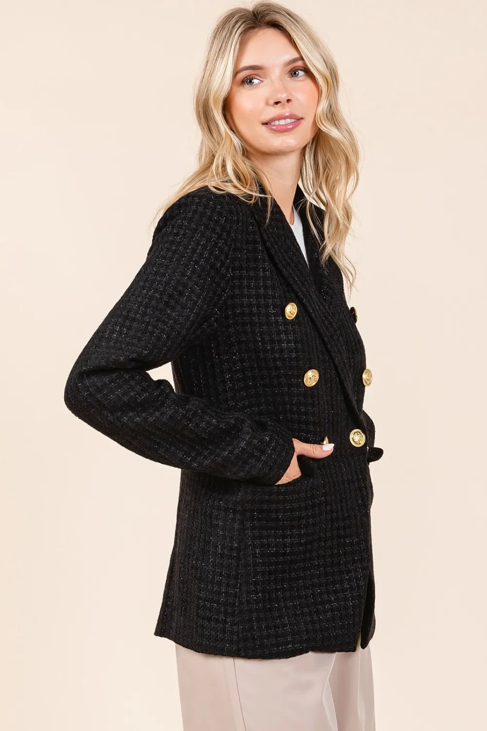 Mittoshop Plaid Texture Double-Breasted Long Sleeve Blazer e68b5d3e-1b4f-4226-a5e4-cd0bfaa9f9b3-Max