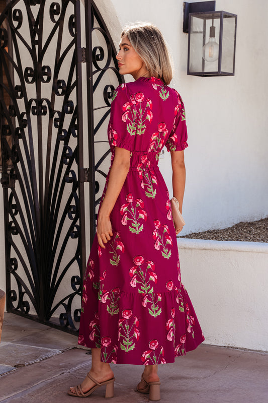 Red Floral Print Frilled V Neck Short Sleeve Ruffle Maxi Dress e68f953ca2ab84df