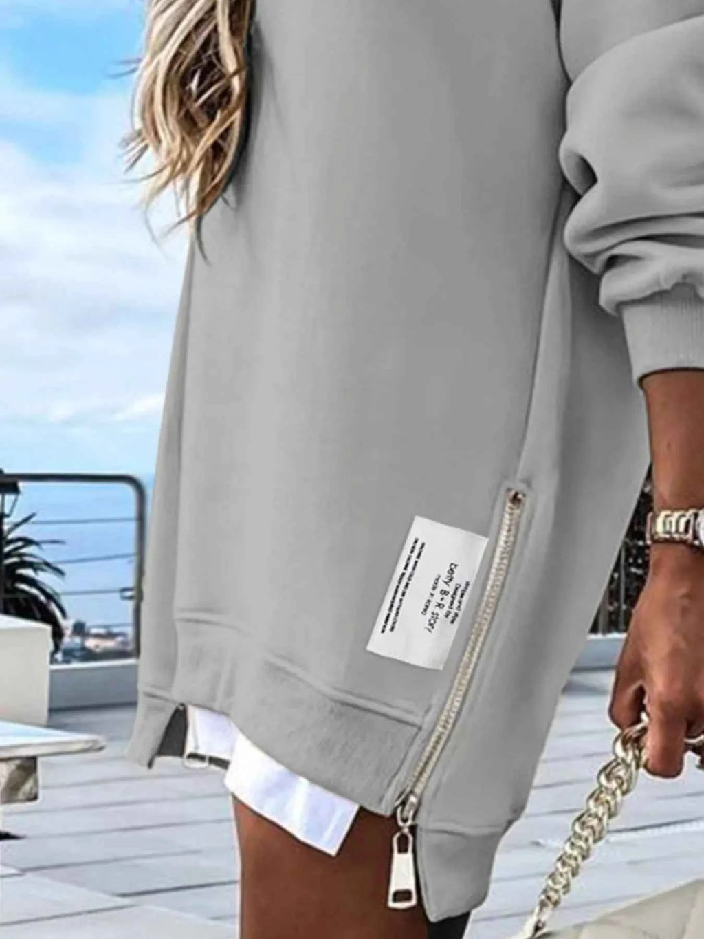 Side Slit Round Neck Long Sleeve Sweatshirt