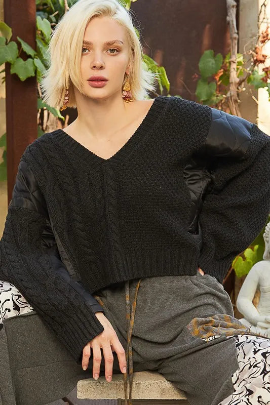 POL Cable Knit Quilting Patch V-Neck Sweater Black e697b3a2-9c60-4473-8f54-eea1af40573b-Max