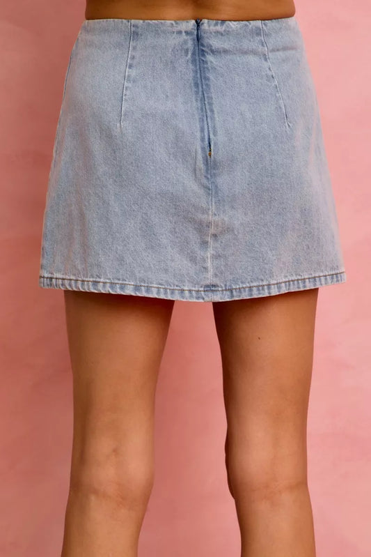 Lace Ribbon Trim Denim Mini Skirt with Bows e6990378-6b0a-46cc-ab03-e3dce7ef0ff8-Max-Origin
