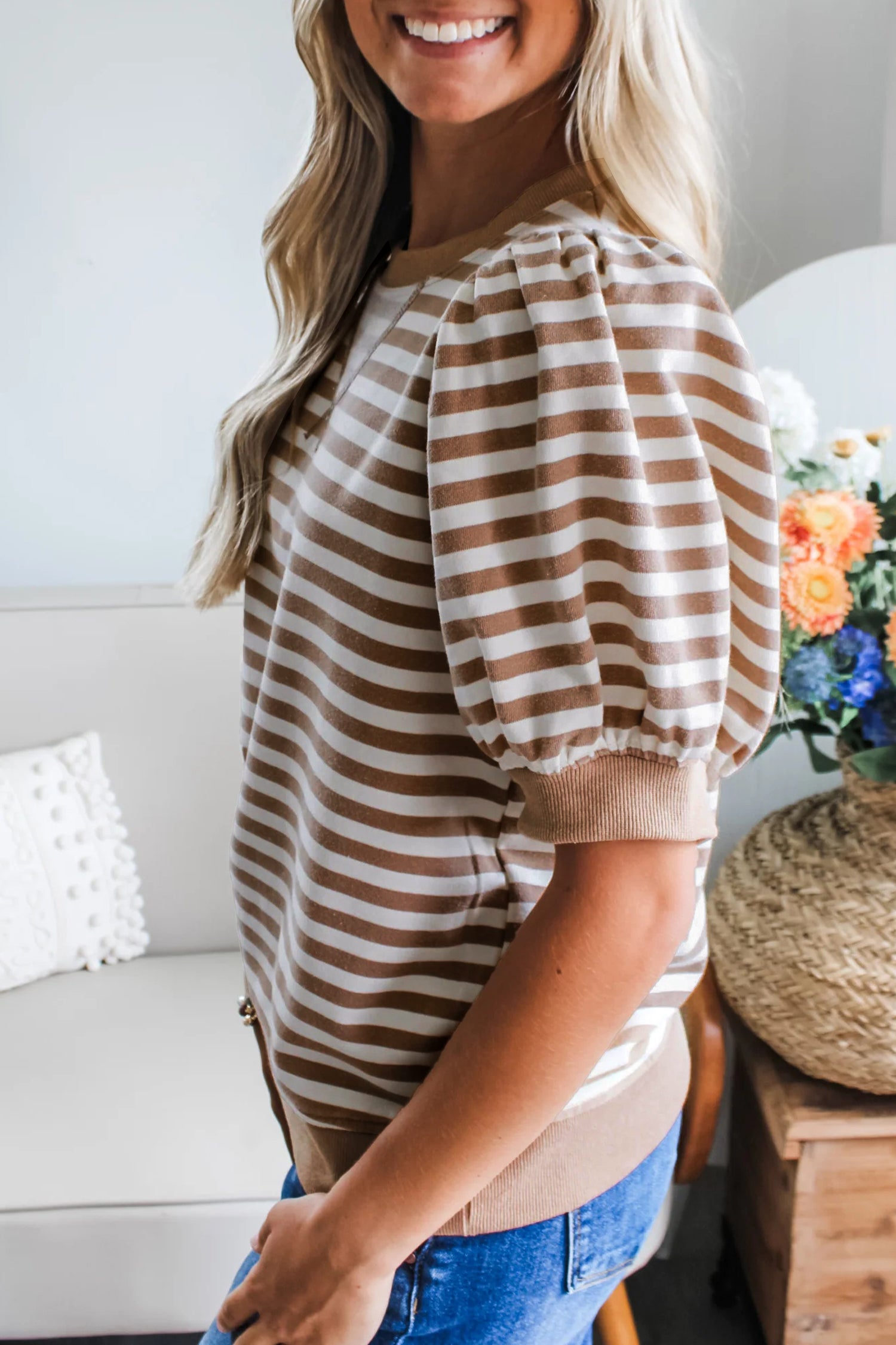 Orange Stripe Short Bubble Sleeve T Shirt e699ea71c8556734