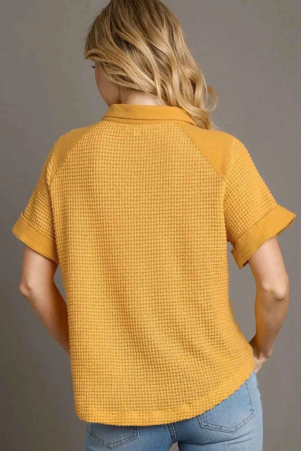 Umgee Full Size Waffle-Knit Short Sleeve Button Down Shirt Plus Size e69a2a20-8353-476d-a5a4-c214e74f25b4-Max