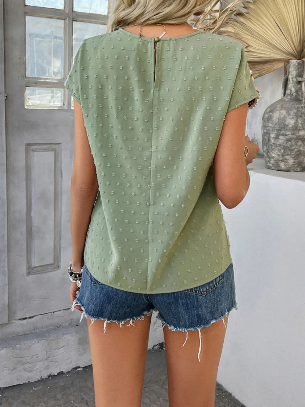 Devine Swiss Dot Round Neck Crochet Short Sleeve Top e69c741e-e8bc-4806-94fa-b921fc080fa1-Max