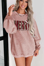 Pink MERRY Christmas Plaid Leopard Heat Transfer Printing Corded Sweatshirt e69fe4cc05c6b5d1