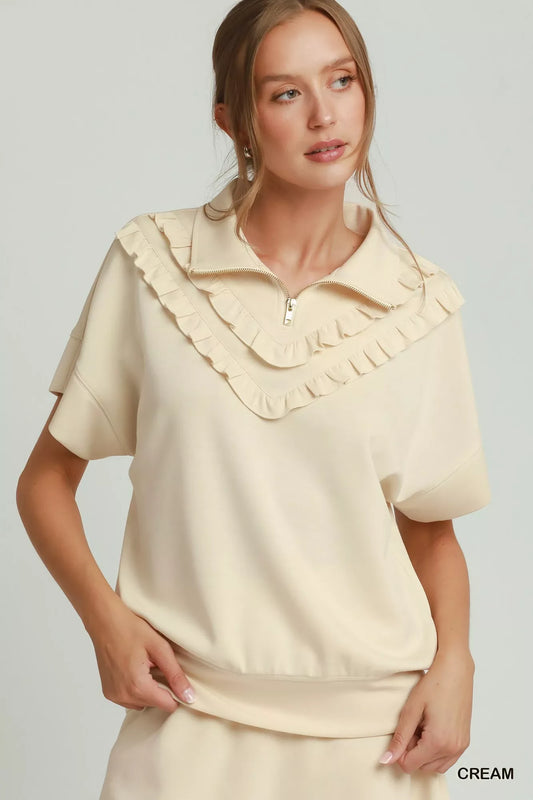 Ruffle Quarter Zip Short Sleeve Top CREAM e6a03a59-c7c4-48d1-bbb1-9f42937a00ec-Max-Origin