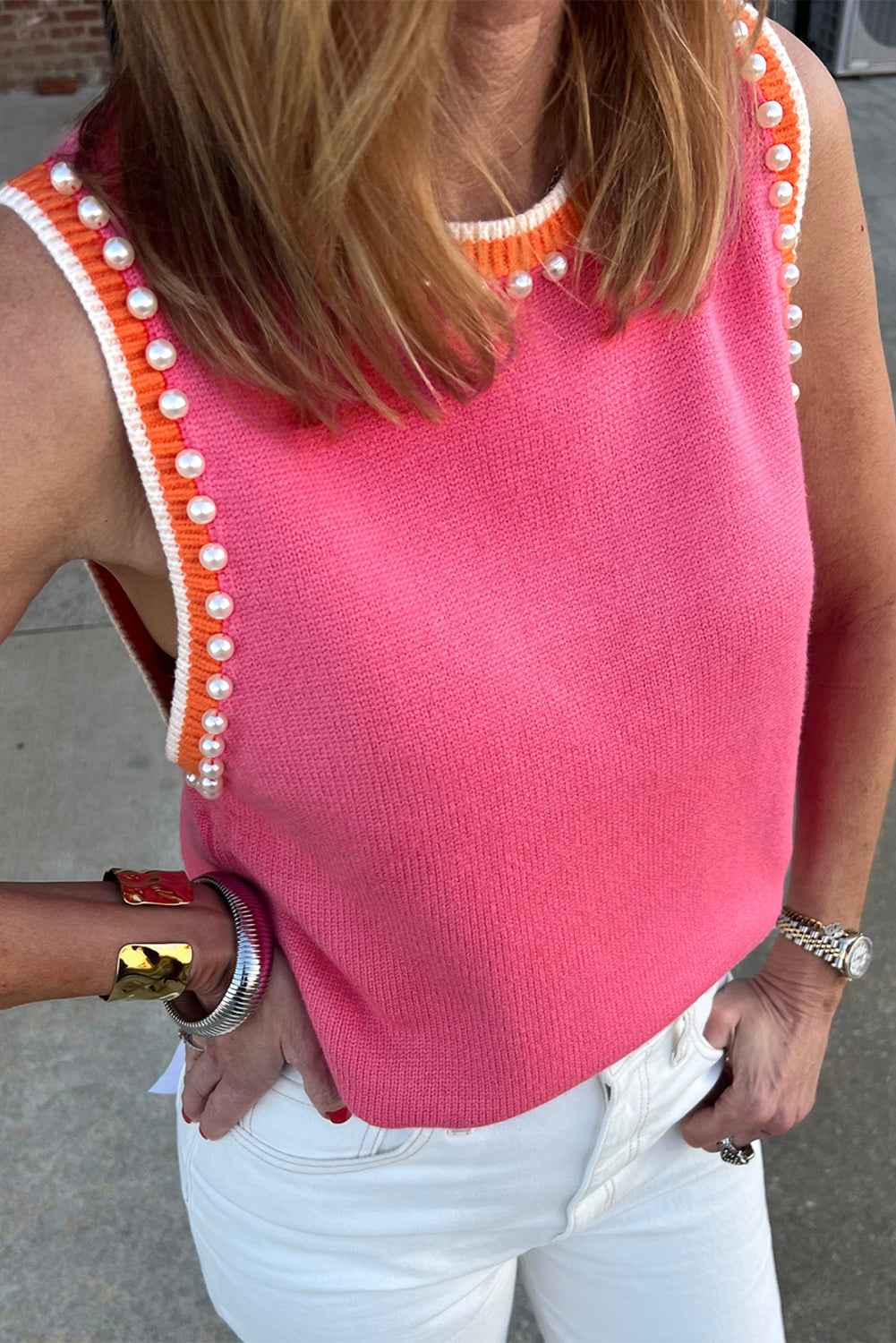 Bright Pink Pearl Embellished Contrast Trim Sleeveless Knit Top Bright Pink e6a1a9af66696590