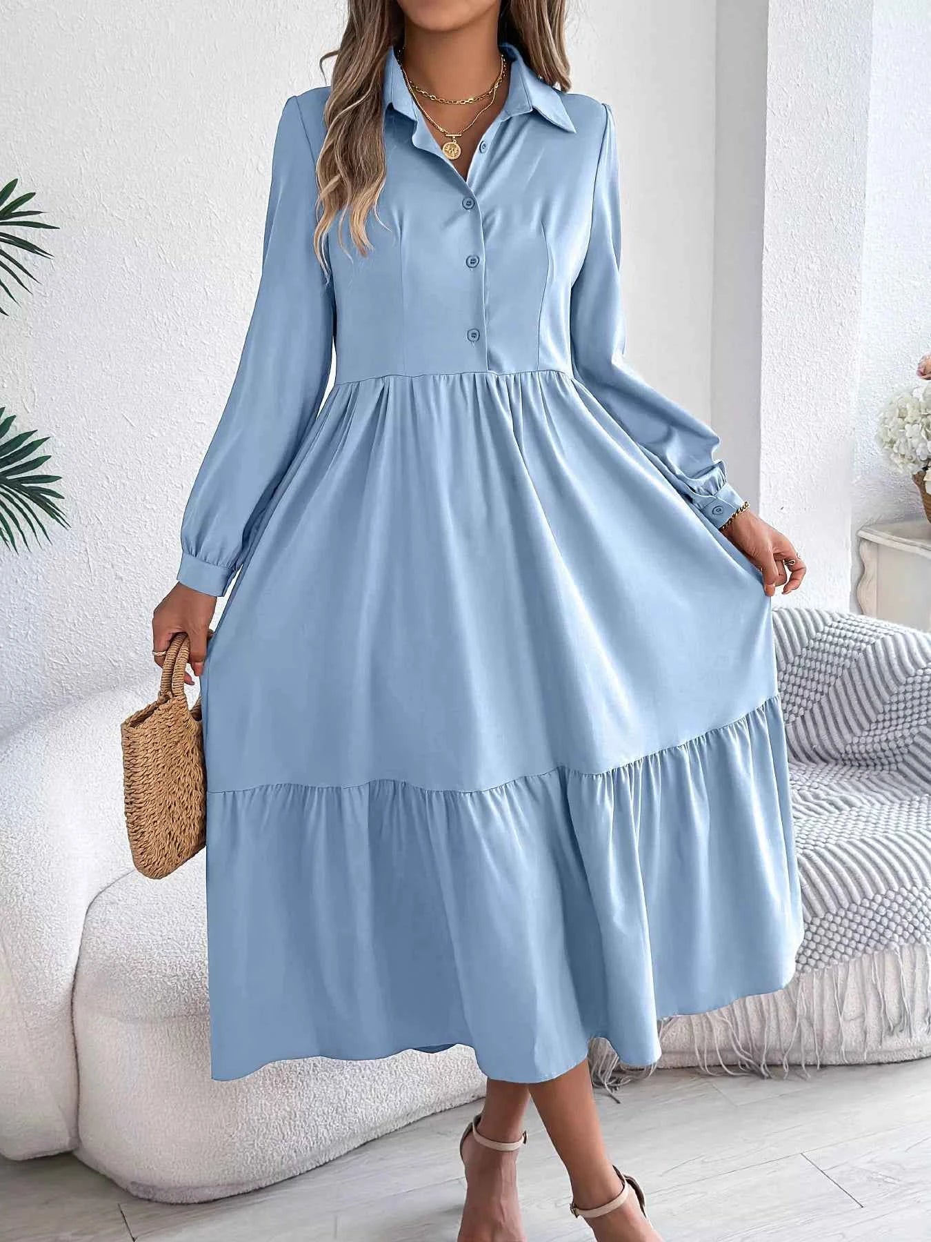 Long Sleeve Tiered Button Front Midi Dress Light Blue e6aacd273d8c455bad71c82150da9f09-Max-Origin