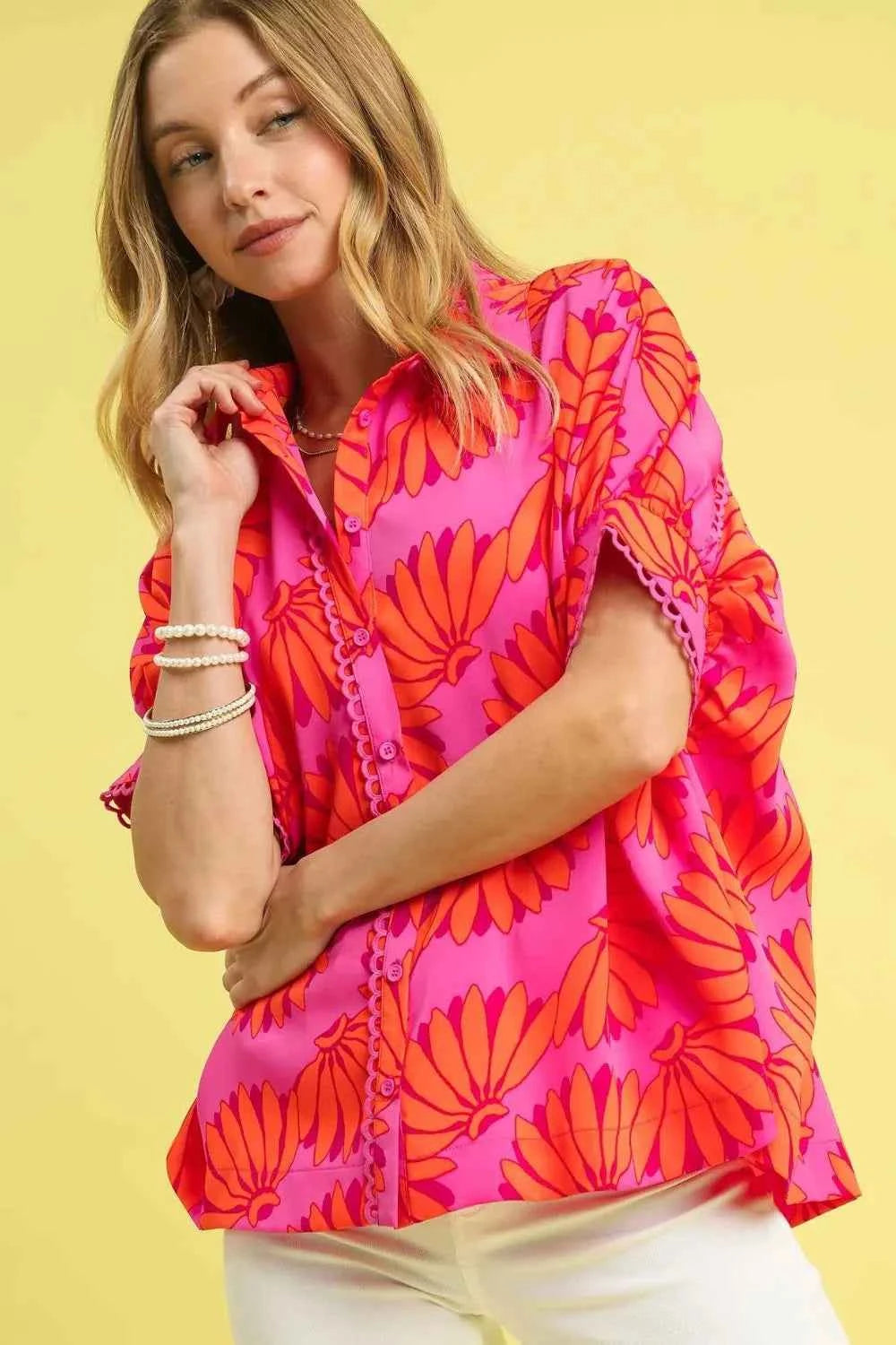 Umgee Printed Button-Up Relaxed Shirt Hot Pink e6ab50f1-79fb-41a2-9a23-9635f453fc69-Max-Origin