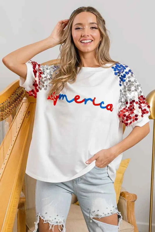 America Letter Applique Spangle Puff Sleeves Top OFF WHITE e6b14966f0ce4123b3e972f2e691afdd-Max-Origin
