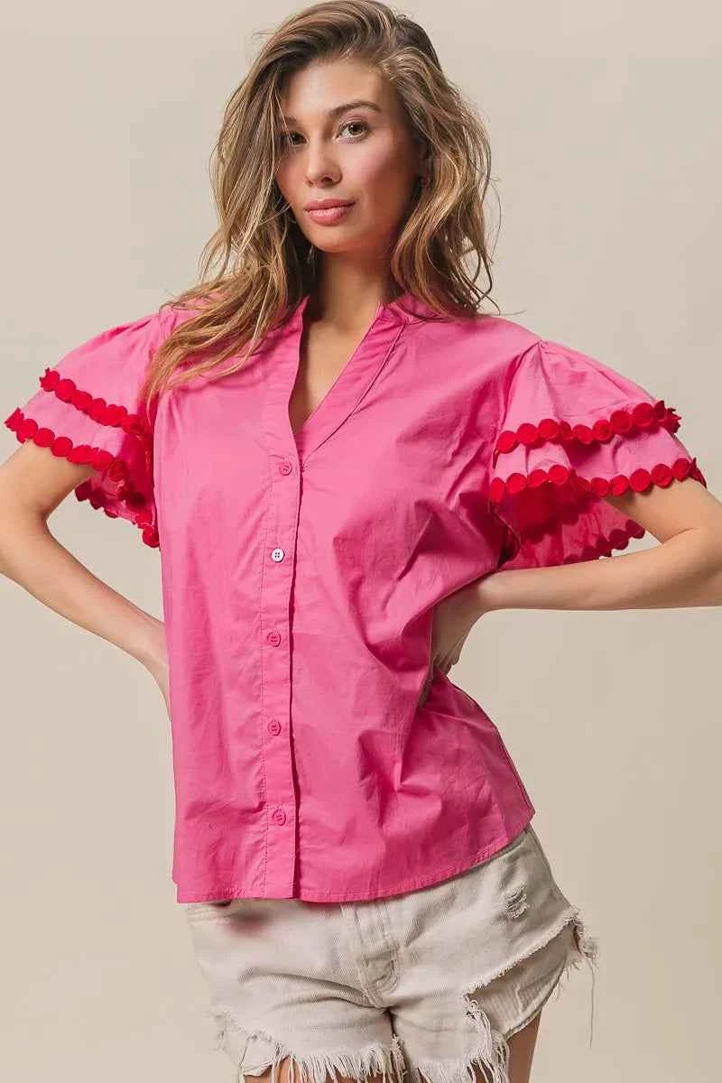 BiBi Dot Trim Flutter Sleeve Notched Top FUCHSIA RED e6b216495b214d419e204a4ff7fa45de-Max-Origin