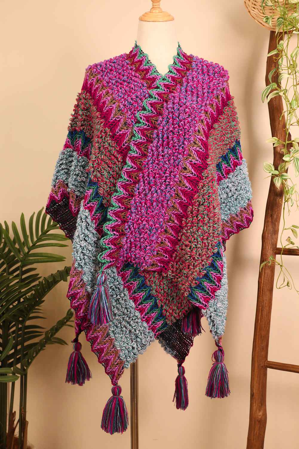 Rose Red Ethnic Tassel Knit Poncho Rose Red ONE SIZE polyester fiber e6b3f5cb078feb77