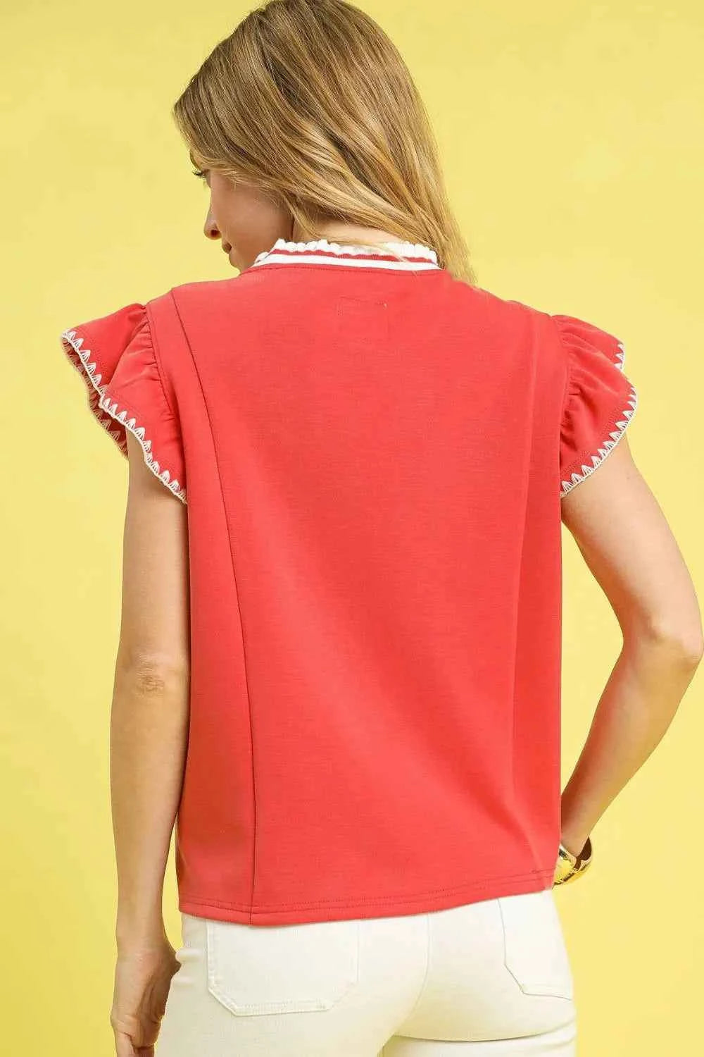 Umgee Contrast Trim Ruffle Cap Sleeve Blouse e6b4f27c-5c1d-4de0-b70d-c3cc03ffa7a0-Max-Origin